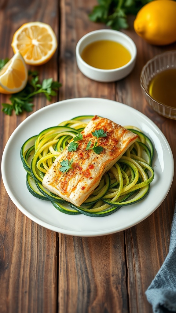 Pan-seared sea bass on zucchini noodles garnished with parsley and served on a rustic table with lemon.